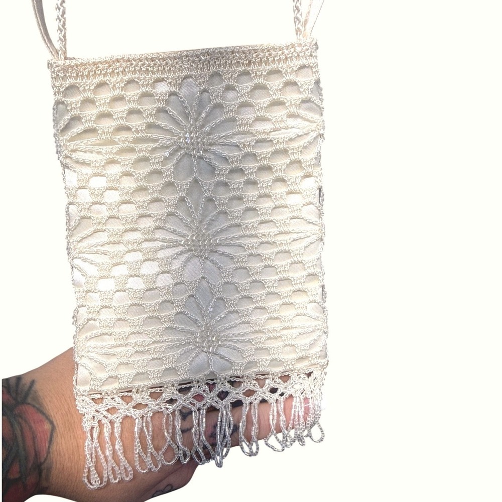Vintage 90s/Y2K Ivory Beaded Satin Party Purse Handbag Women Bridal Bag Formal - Picture 3 of 12